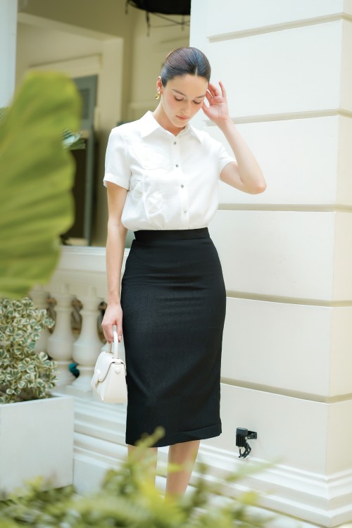 Sixdo Black Woven Pencil Skirt